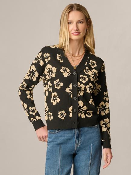 Adrianna Papell Floral Jacquard V-Neck Cardigan, Black/Cream, Black/Cream