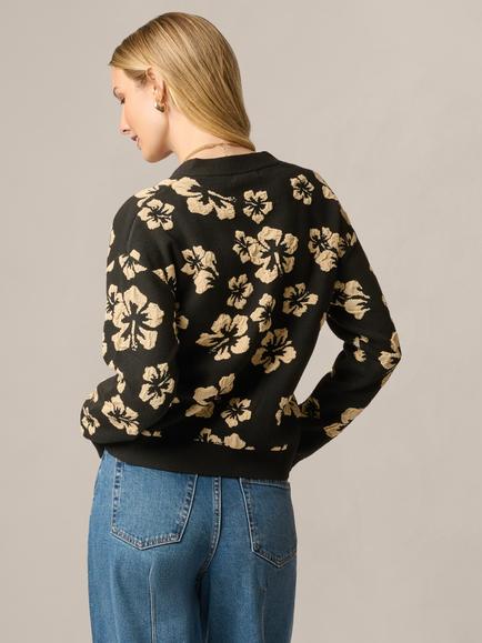 Adrianna Papell Floral Jacquard V-Neck Cardigan, Black/Cream - view 2, Black/Cream