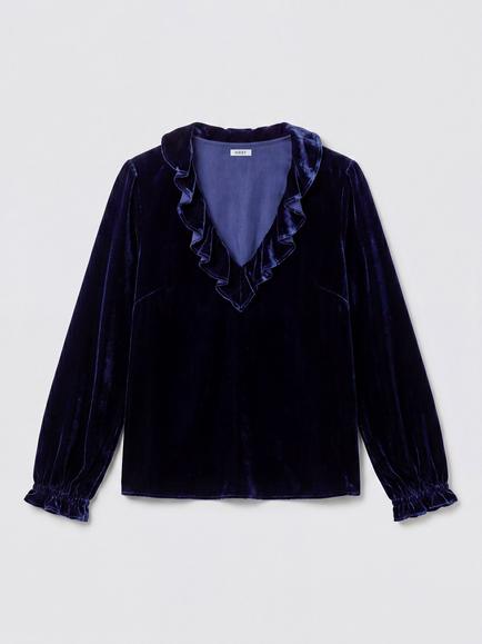 NRBY Alberta Frill V-Neck Velvet Shirt, Midnight, Midnight