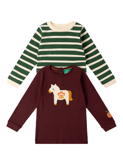 Little Green Radicals Kids' GOTS Organic Cotton Applique Long Sleeve T-Shirt, Pack of 2, Multi, Multi