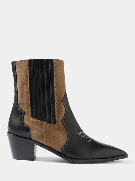 Mint Velvet Aspen Leather Contrast Western Boots, Black/Tan, Black/Tan