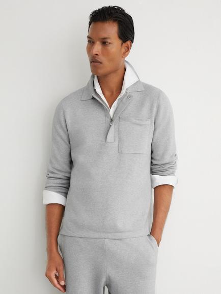 Reiss Gorbridge R-Flex Half Zip Pocket Detail Long Sleeve Polo Top, Soft Grey, Soft Grey