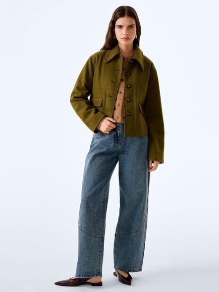 OMNES Atticus Cropped Long Sleeve Button Jacket, Khaki, Khaki