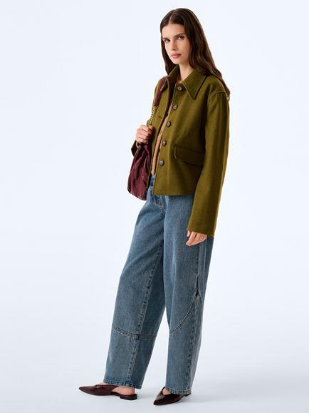 OMNES Atticus Cropped Long Sleeve Button Jacket, Khaki - view 2, Khaki