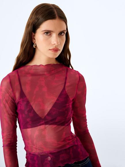 OMNES Lorrie Round Neck Long Sleeve Mesh Top, Magenta, Magenta