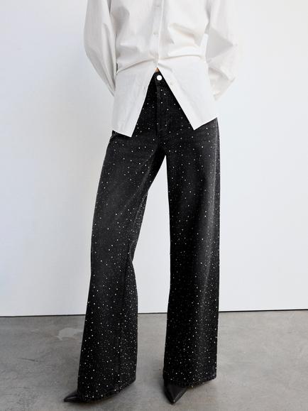 Mango Wide Leg Crystal Stud Jeans, Black Denim, Black Denim