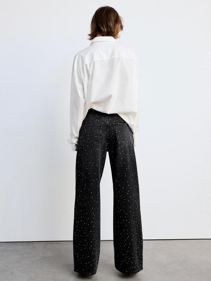 Mango Wide Leg Crystal Stud Jeans, Black Denim - view 2, Black Denim