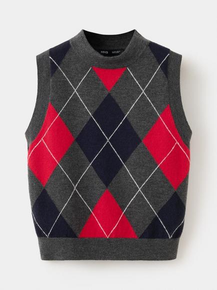 Mango Argyle Sleeveless Knit Top, Mid Grey Melange, Mid Grey Melange