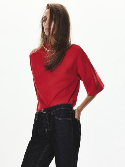 Mango Mock Neck Short Sleeve Knitted Top, Coral Red, Coral Red