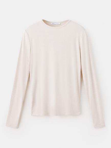 Mango Crew Neck Long Sleeve Top, Beige, Beige