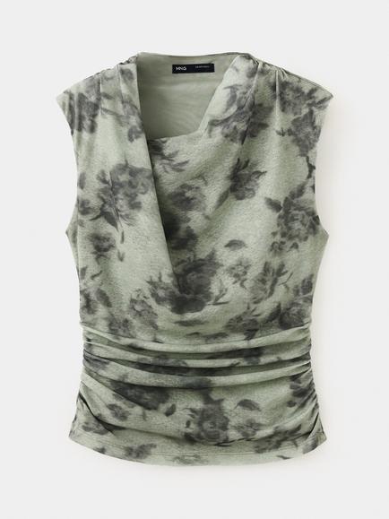 Mango Draped Cowl Neck Ruched Printed Top, Green, Green