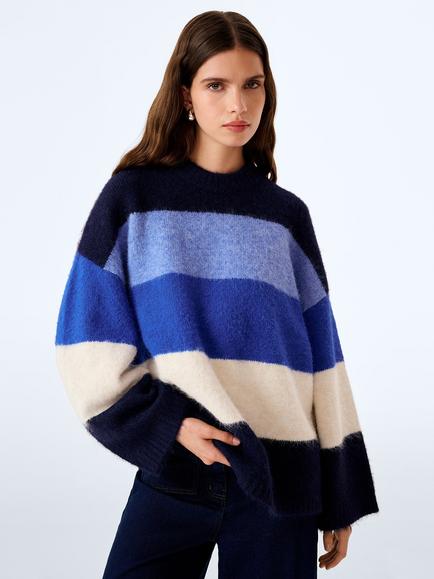 OMNES Constance Striped Oversized Jumper, Navy/Cream/Cobalt/Mid Blue/Light Blue