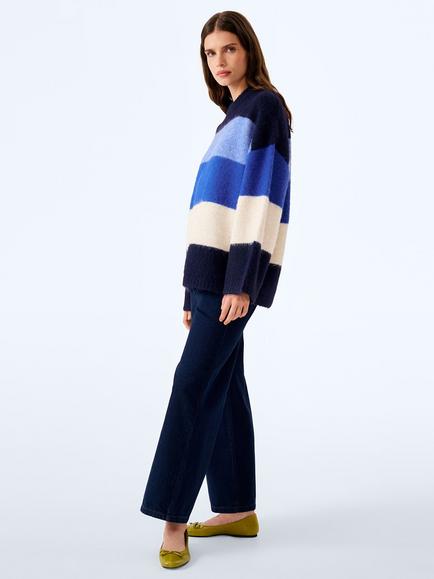OMNES Constance Striped Oversized Jumper - view 2, Navy/Cream/Cobalt/Mid Blue/Light Blue