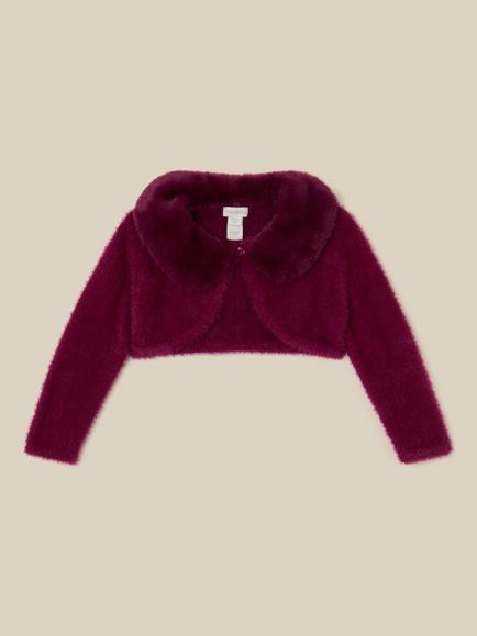 Monsoon Baby Detachable Collar Fuzzy Cardigan, Burgundy, Burgundy