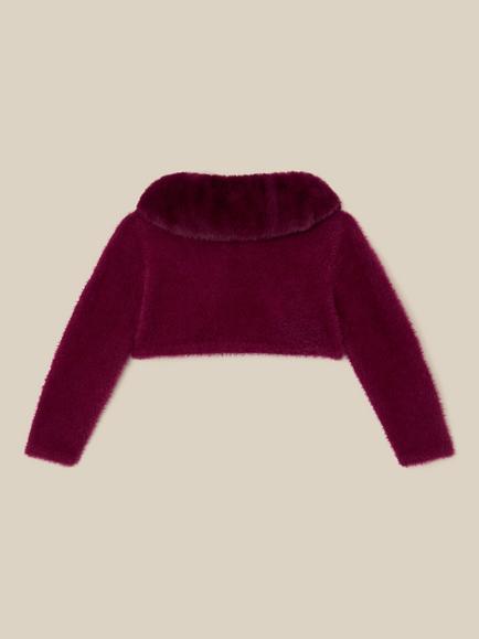 Monsoon Baby Detachable Collar Fuzzy Cardigan, Burgundy - view 2, Burgundy