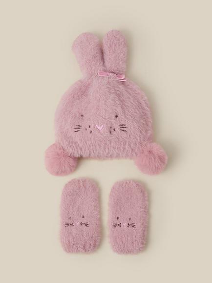 Monsoon Baby Bunny Beanie Hat & Mittens Set, Pink, Pink