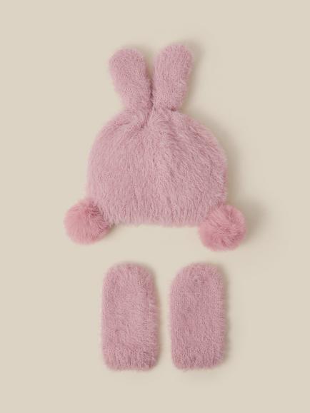 Monsoon Baby Bunny Beanie Hat & Mittens Set, Pink - view 2, Pink