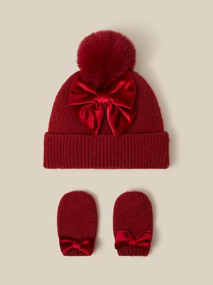 Monsoon Baby Bow Beanie Hat & Mittens Set, Red, Red