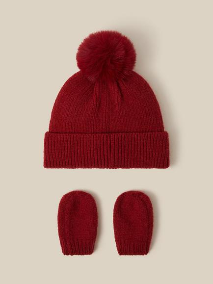 Monsoon Baby Bow Beanie Hat & Mittens Set, Red - view 2, Red