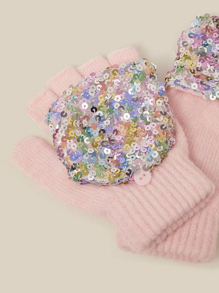 Monsoon Kids' Sequin Fingerless Gloves, Pink - view 2, Pink