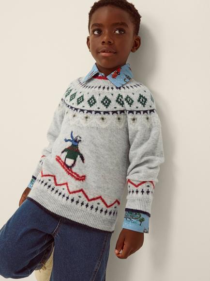 Monsoon Kids' Penguin Fairisle Jumper, Grey, Grey