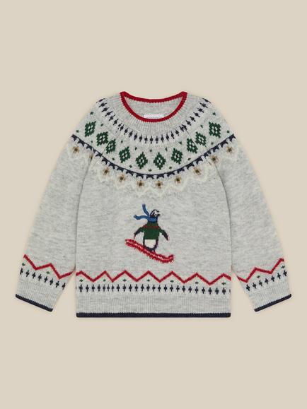 Monsoon Kids' Penguin Fairisle Jumper, Grey - view 2, Grey