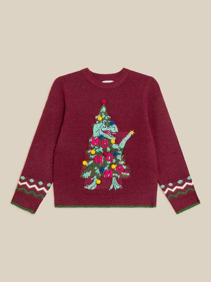 Monsoon Kids' Dino Christmas Tree Crew Neck Jumper, Burgundy, Burgundy
