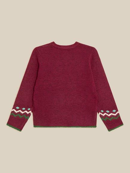 Monsoon Kids' Dino Christmas Tree Crew Neck Jumper, Burgundy - view 2, Burgundy