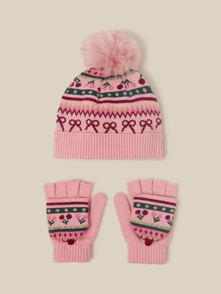 Monsoon Kids' Cherry Fair Isle Bobble Hat & Gloves Set, Multi, Multi