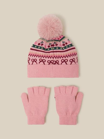 Monsoon Kids' Cherry Fair Isle Bobble Hat & Gloves Set, Multi - view 2, Multi