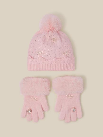 Monsoon Kids' Glam Bobble Hat & Gloves Set, Pink, Pink