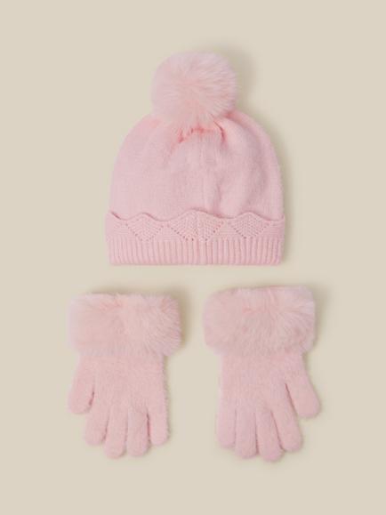 Monsoon Kids' Glam Bobble Hat & Gloves Set, Pink - view 2, Pink