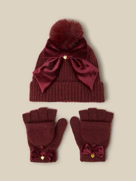 Monsoon Kids' Velvet Bow Bobble Hat & Gloves Set, Burgundy, Burgundy