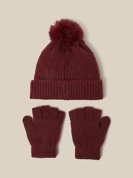 Monsoon Kids' Velvet Bow Bobble Hat & Gloves Set, Burgundy - view 2, Burgundy