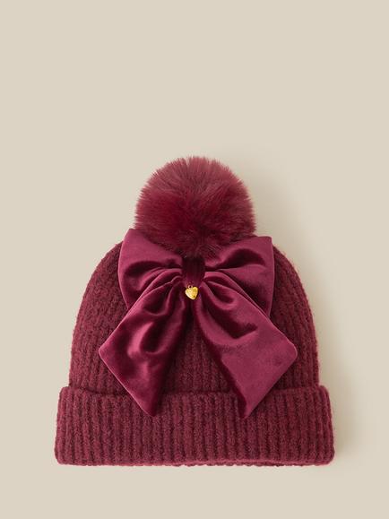 Monsoon Kids' Velvet Bow Beanie Hat, Burgundy, Burgundy
