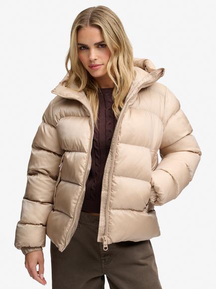 Superdry Hooded Shine Puffer Jacket, Mushroom Beige