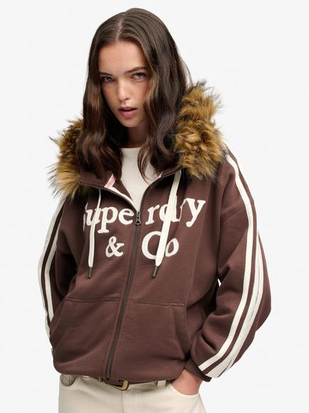 Superdry Vintage Fur Applique Zip Through Hoodie, Bracken Brown