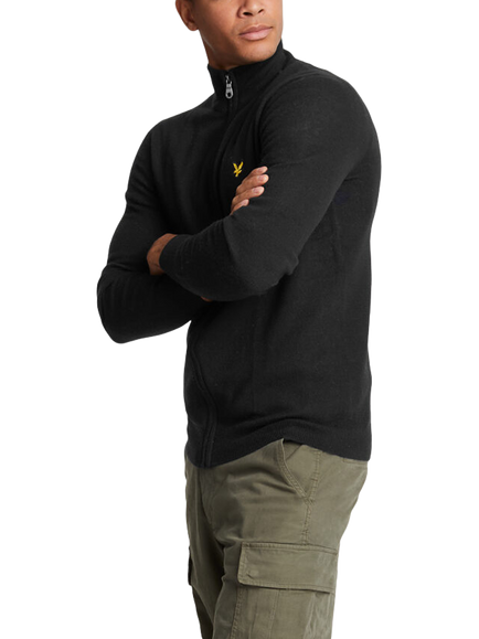 Lyle & Scott High Neck Lambswool Cardigan, Jet Black Marl, Jet Black Marl