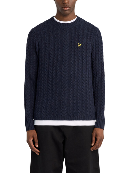 Lyle & Scott Cable Knit Crew Neck Jumper, Dark Navy Marl, Dark Navy Marl