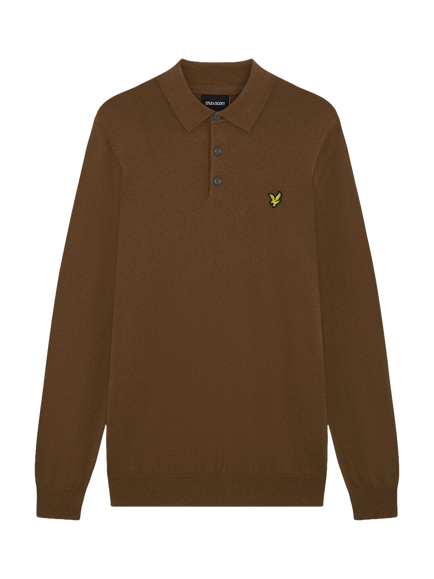 Lyle & Scott Wool and Cotton Blend Button Neck Logo Jumper, Sepia Brown, Y305 Sepia Brown