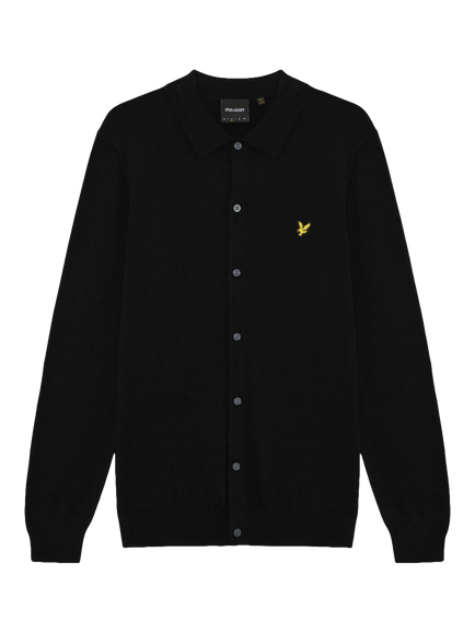 Lyle & Scott Wool and Cotton Blend Crew Neck Logo Cardigan, Black, Black