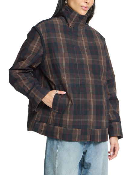 ICHI Ihcronto Check Funnel Neck Coat, Dark Navy, Dark Navy