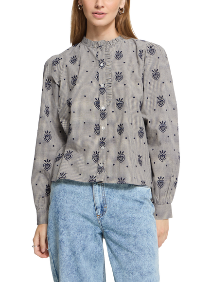 ICHI Iheloza Ruffled High Neck Blouse, Birch/Dark Blue, Birch/Dark Blue