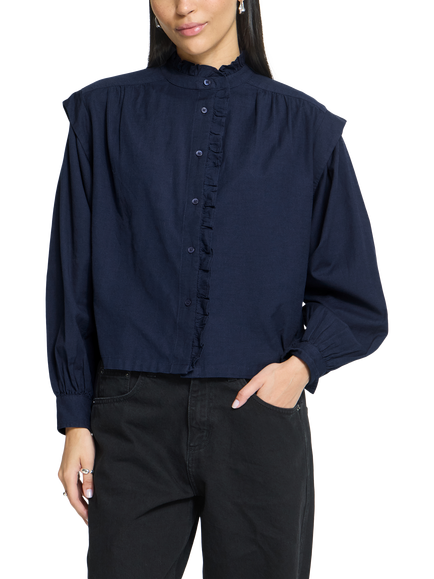 ICHI Ihginola Ruffle Placket Mandarin Collar Blouse, Maritime Blue, Maritime Blue