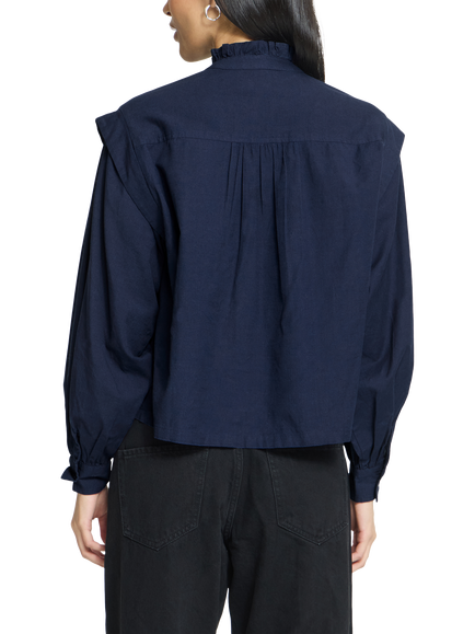 ICHI Ihginola Ruffle Placket Mandarin Collar Blouse, Maritime Blue - view 2, Maritime Blue