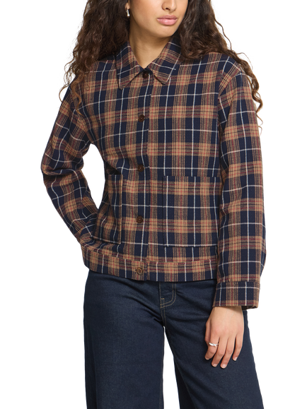 ICHI Ihkalia Heritage Check Over Shirt, Dark Blue/Brown, Dark Blue/Brown