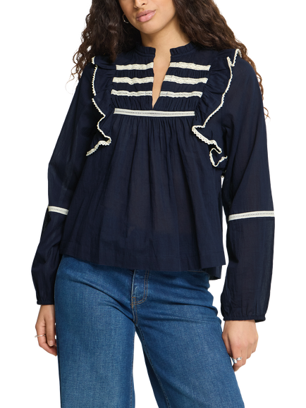 ICHI Ihvoilana Ruffled Bib Mandarin Collar Blouse, Maritime Blue, Maritime Blue