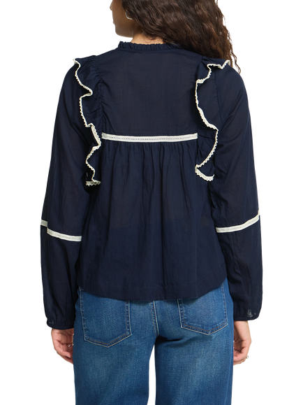 ICHI Ihvoilana Ruffled Bib Mandarin Collar Blouse, Maritime Blue - view 2, Maritime Blue