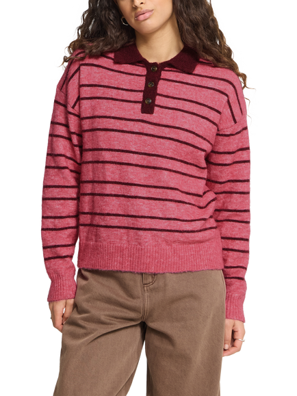 ICHI Ihsage Heritage Polo Knit Jumper, Fruit Dove/Zinfandel, Fruit Dove/Zinfandel