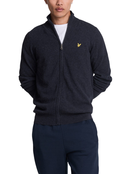 Lyle & Scott Lambswool Zip Cardigan, Dark Navy Marl, Z56 Dark Navy Marl